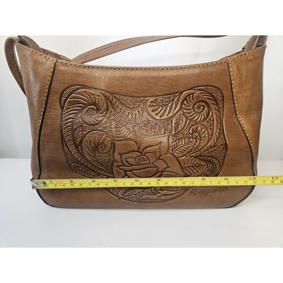 Vintage Brown Leather Tooled Floral Purse - Flap Snap Closure Rugero Horse Roses - Picture 8 of 16
